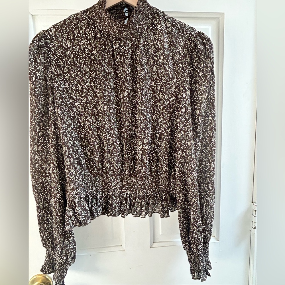 Lucy Paris Brown and Tan Puff Sleeve Blouse with Ruffled Smocked Details
